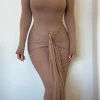 Chocolate Drape Mock Neck Dress