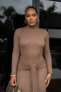 Chocolate Drape Mock Neck Dress