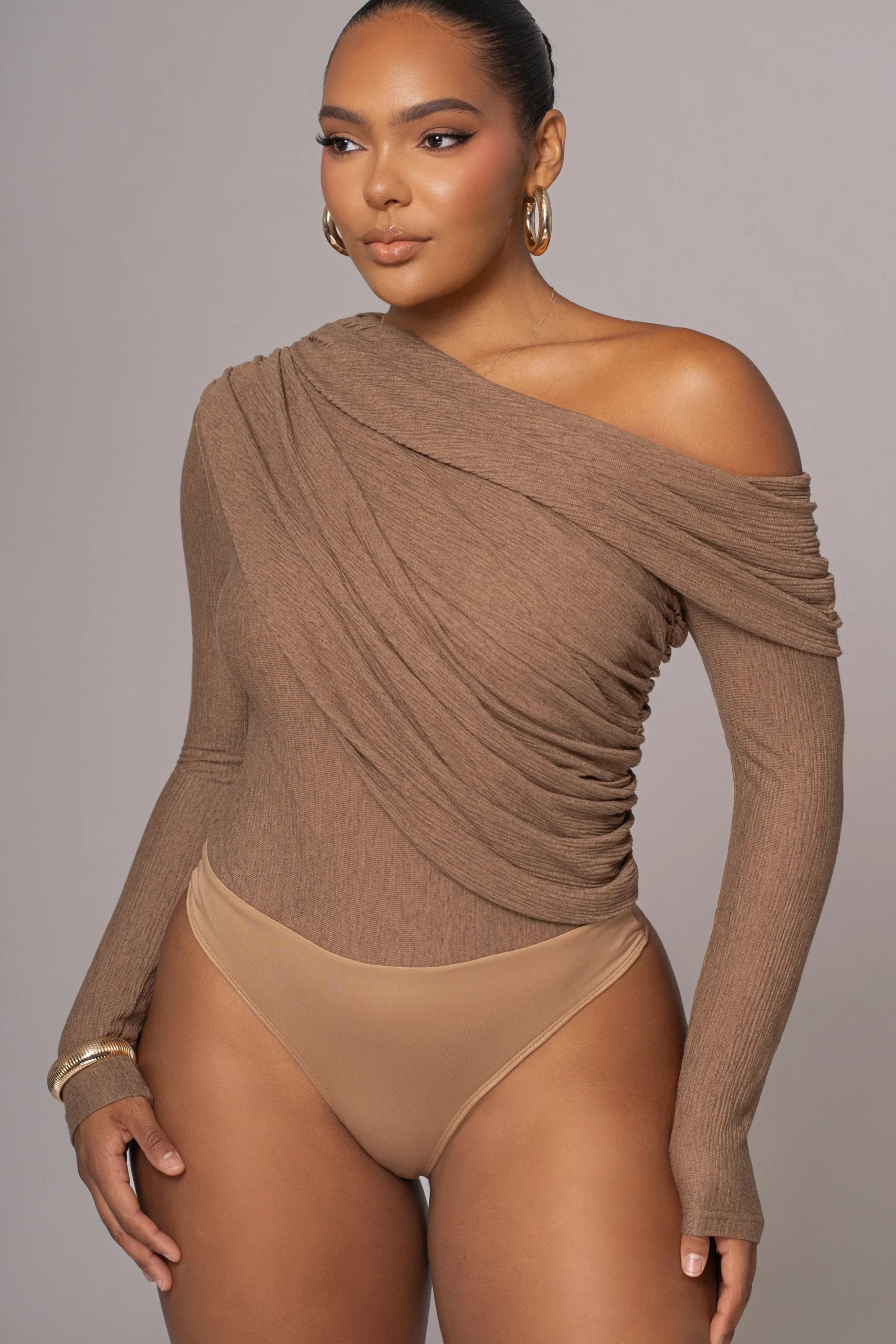Chocolate Textured One Shoulder Bodysuit