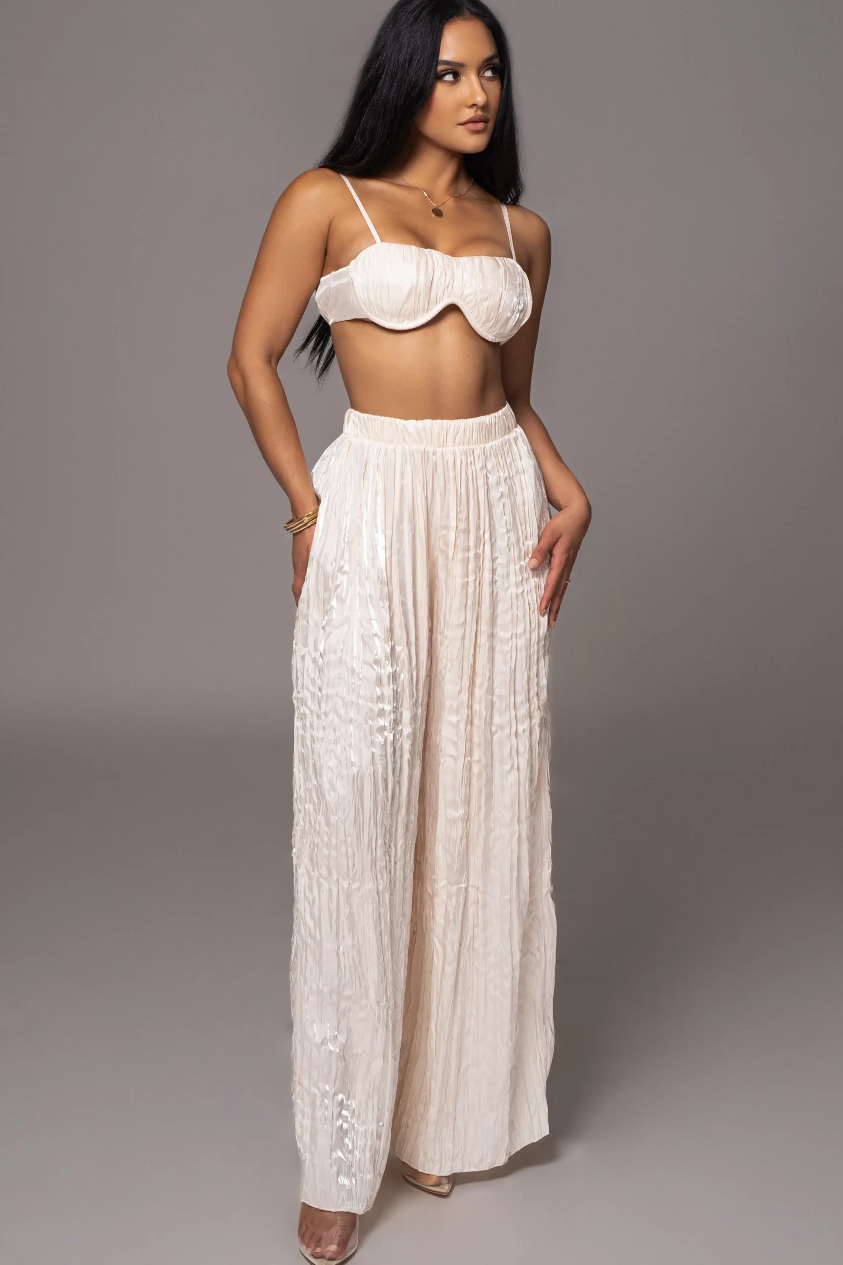 Cream Lets Get Away Satin Pant Set