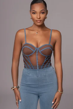Dark Denim Illusion Mesh Bustier