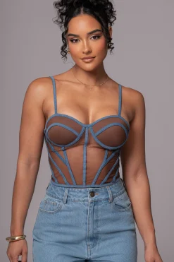 Dark Denim Illusion Mesh Bustier