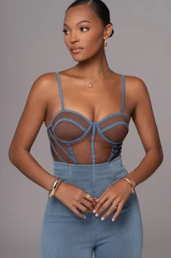 Dark Denim Illusion Mesh Bustier