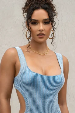 Denim/White Deana Ribbed Bodysuit