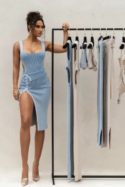 Denim/White Deana Ribbed Bodysuit