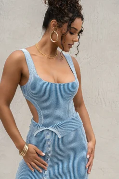 Denim/White Deana Ribbed Bodysuit