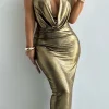Gold Highlights Cowl Neck Maxi Dress