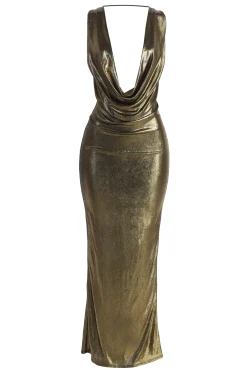 Gold Highlights Cowl Neck Maxi Dress
