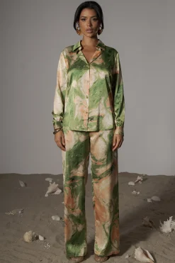 Green Hidden Gems Satin Pant Set