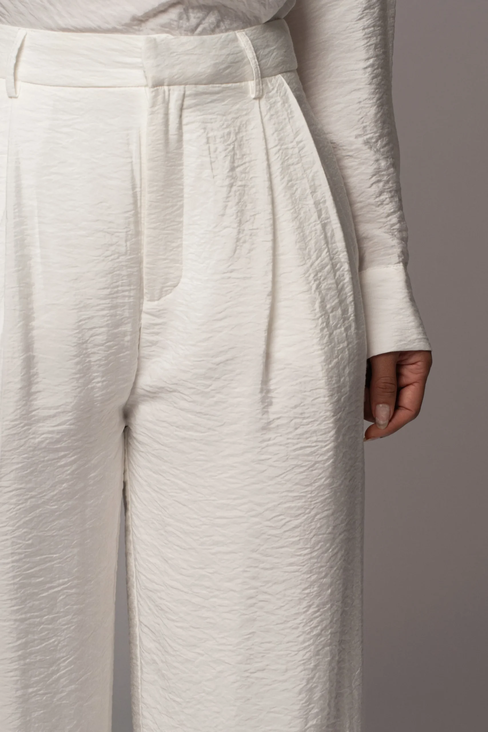 Ivory Drew Crinkled Trousers