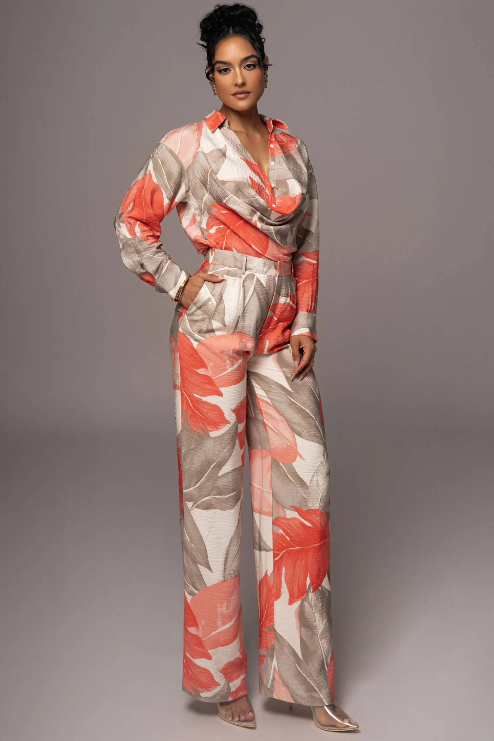 Ivory Palm Print Greta Collared Top