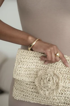 Ivory Woven Rose Clutch