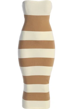 Ivory/Beige Striped Strapless Midi Dress