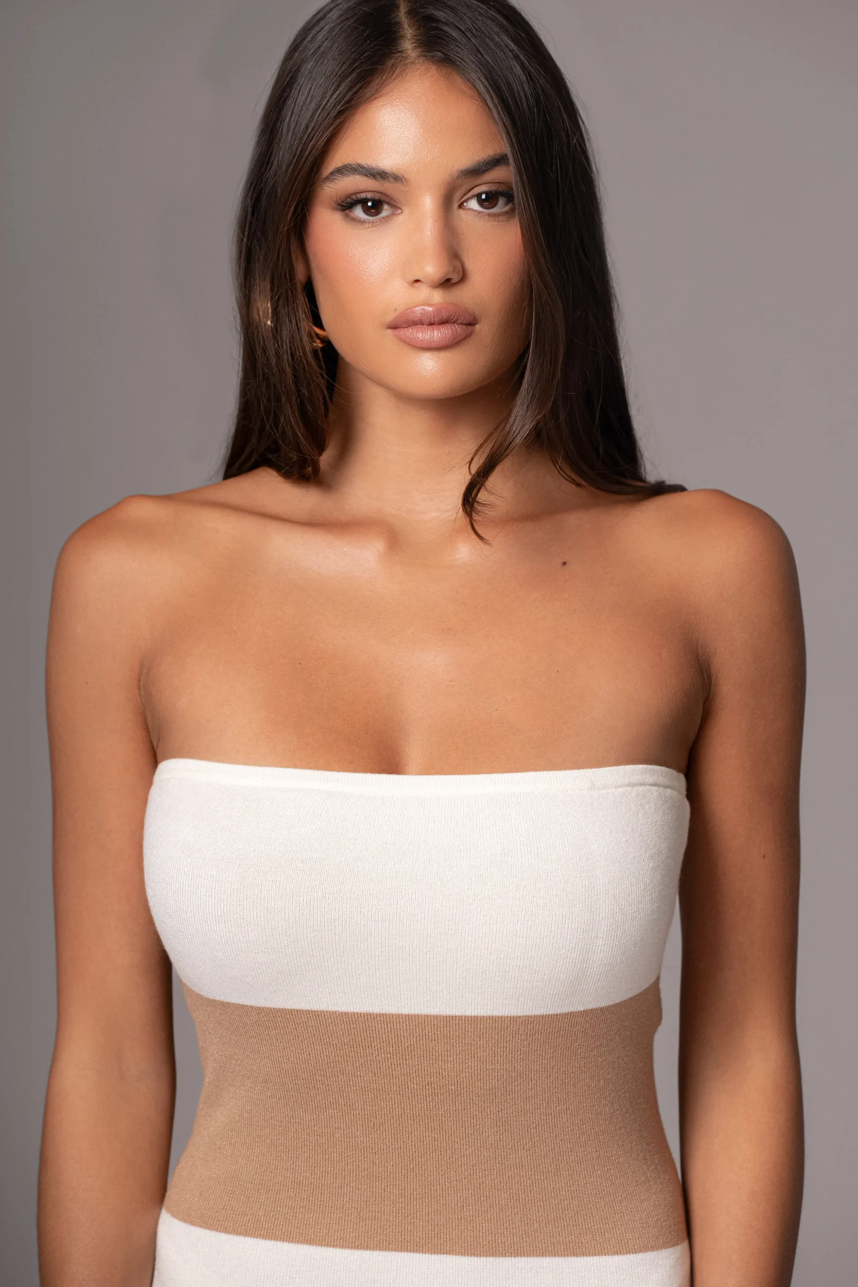 Ivory/Beige Striped Strapless Midi Dress