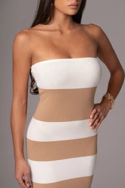 Ivory/Beige Striped Strapless Midi Dress