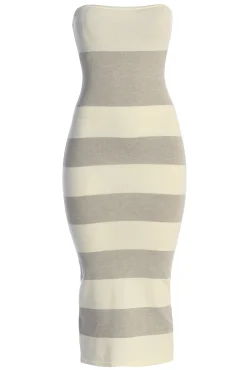 Ivory/Heather Grey Striped Strapless Midi Dress