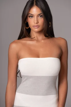 Ivory/Heather Grey Striped Strapless Midi Dress