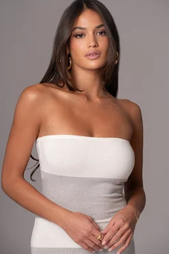 Ivory/Heather Grey Striped Strapless Midi Dress