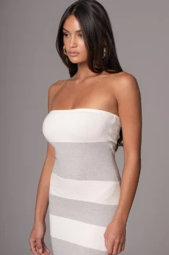 Ivory/Heather Grey Striped Strapless Midi Dress