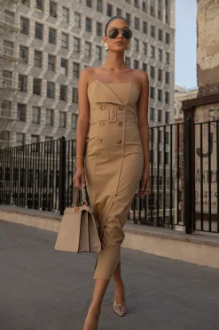 Khaki Asymmetric Belted Midi Dress