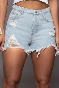 Light Wash Denim Drifted Distressed Shorts