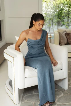 Medium Wash Denim Krishna One Shoulder Maxi Dress