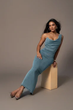 Medium Wash Denim Krishna One Shoulder Maxi Dress