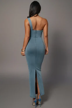Medium Wash Denim Krishna One Shoulder Maxi Dress