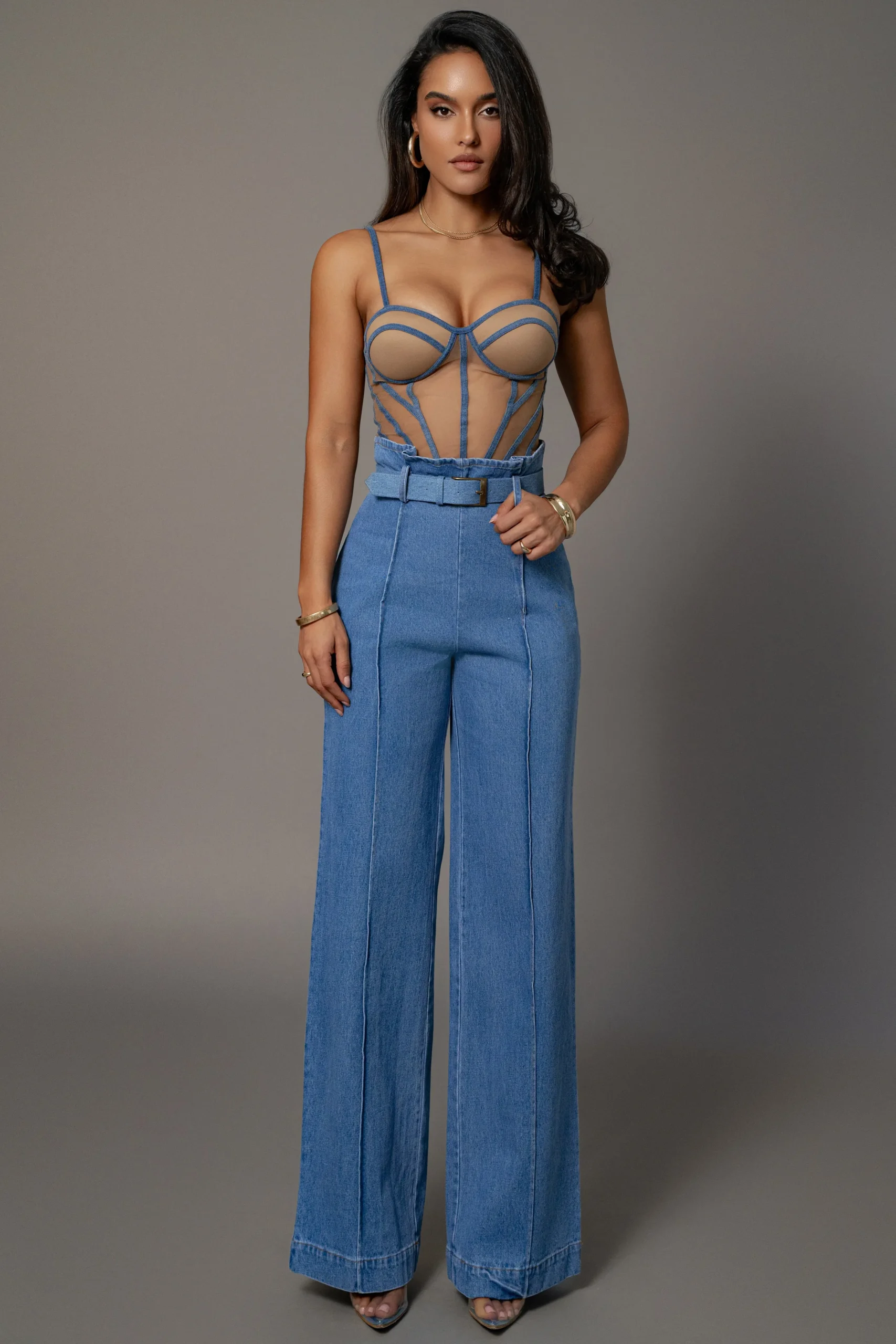 Medium Wash Minka Paper Bag Flare Leg Pants