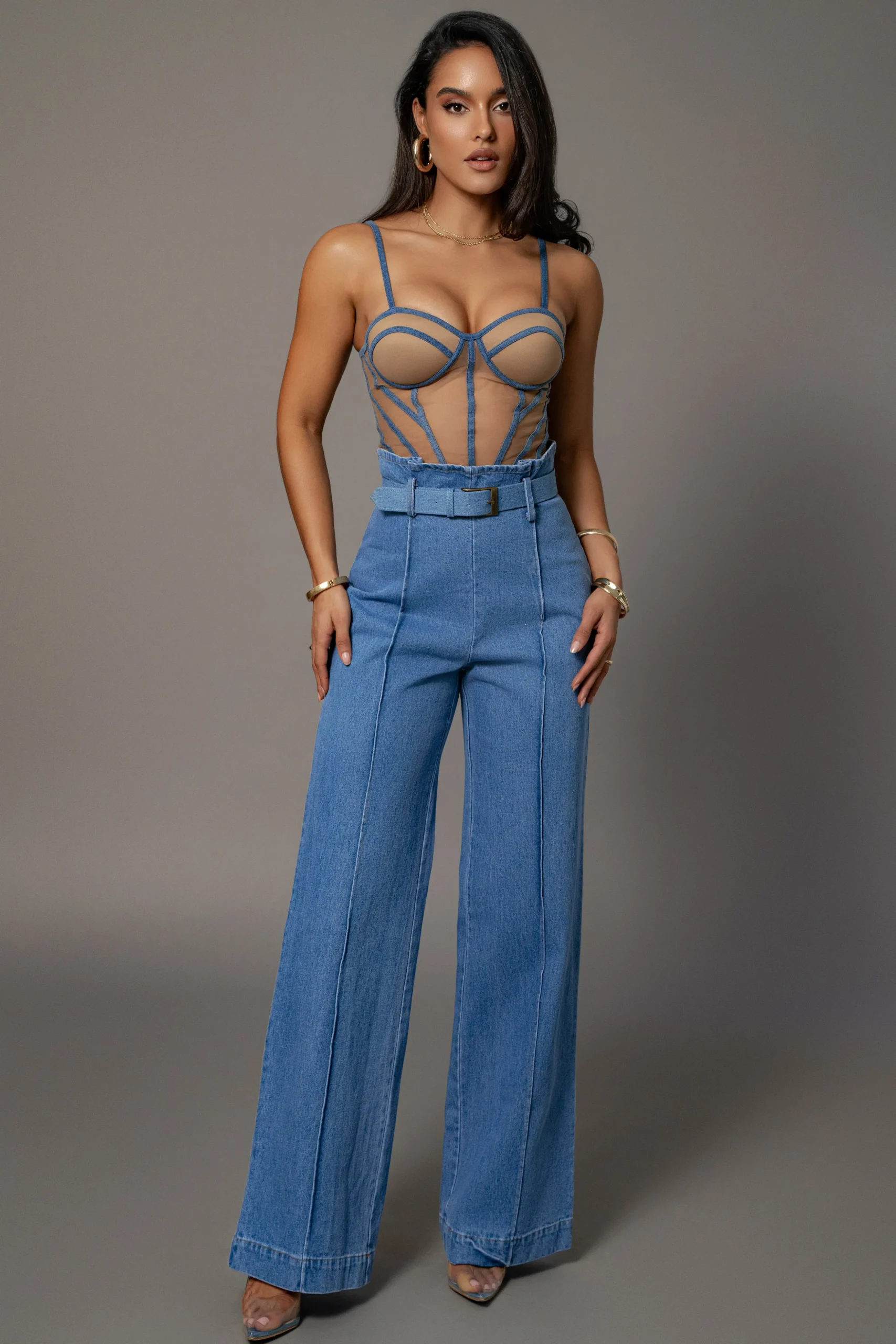 Medium Wash Minka Paper Bag Flare Leg Pants