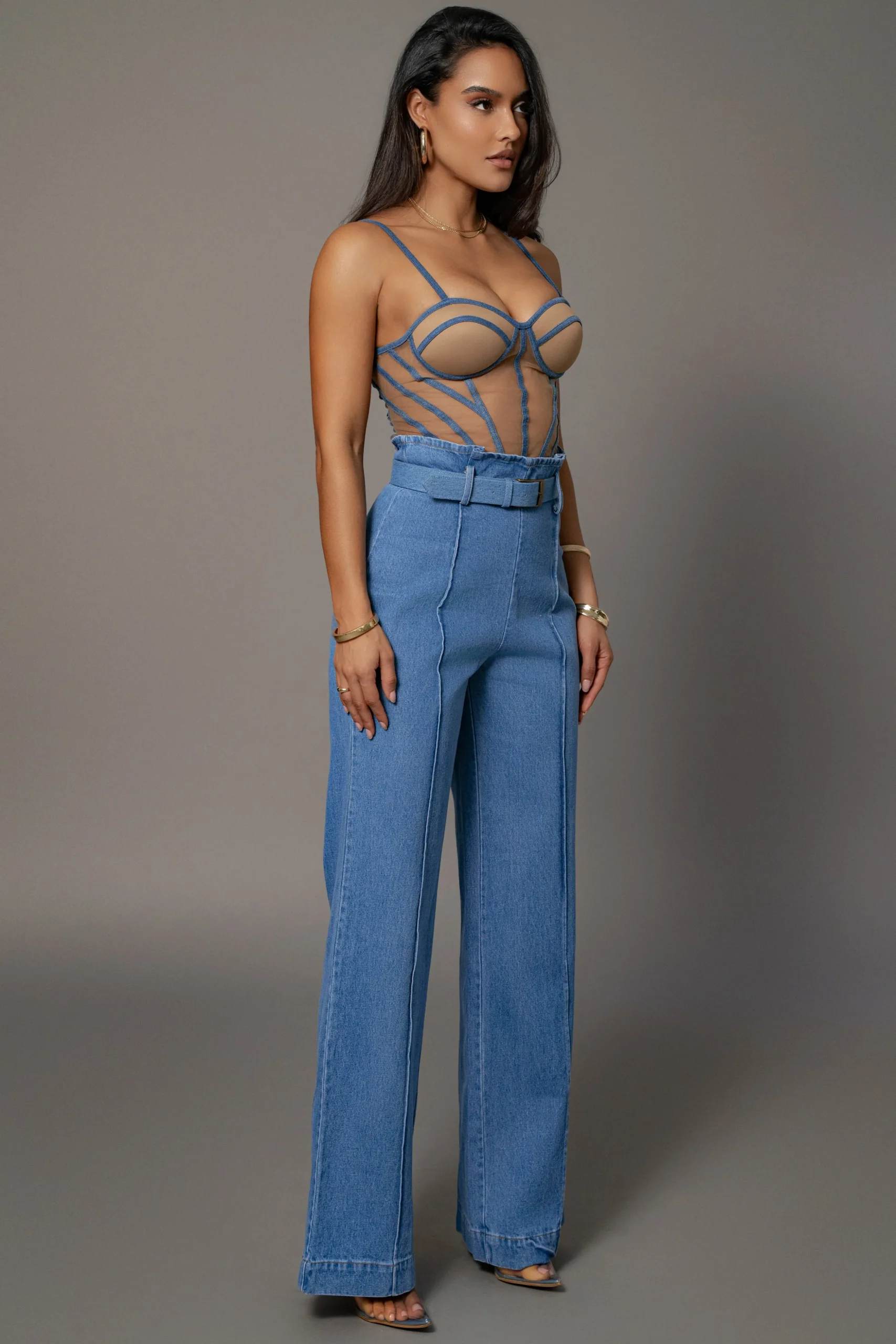 Medium Wash Minka Paper Bag Flare Leg Pants