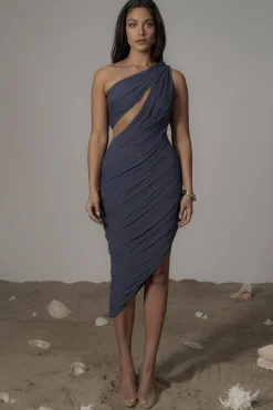Midnight Blue Aura Shimmer Midi Dress