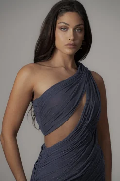 Midnight Blue Aura Shimmer Midi Dress