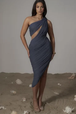 Midnight Blue Aura Shimmer Midi Dress