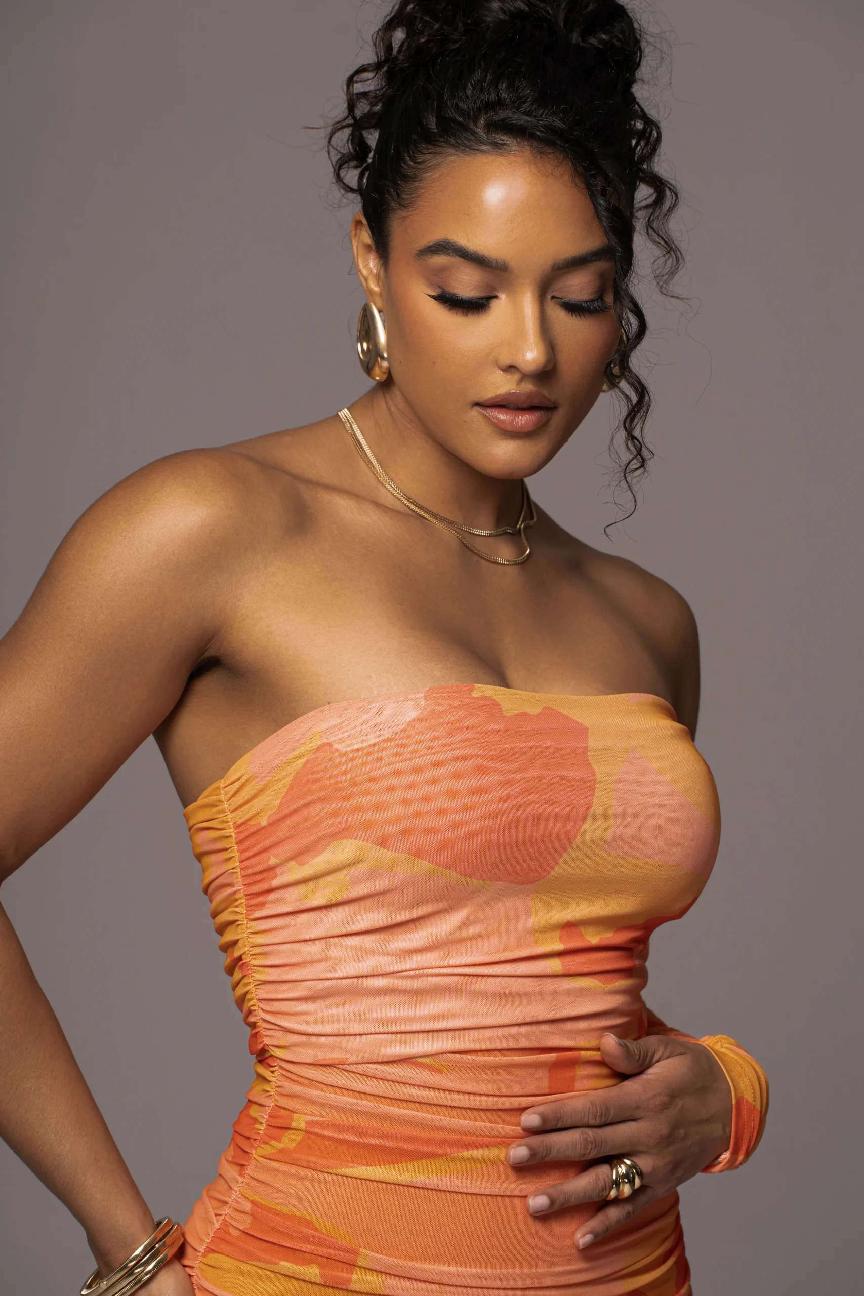 Orange Capri Ruched Dress