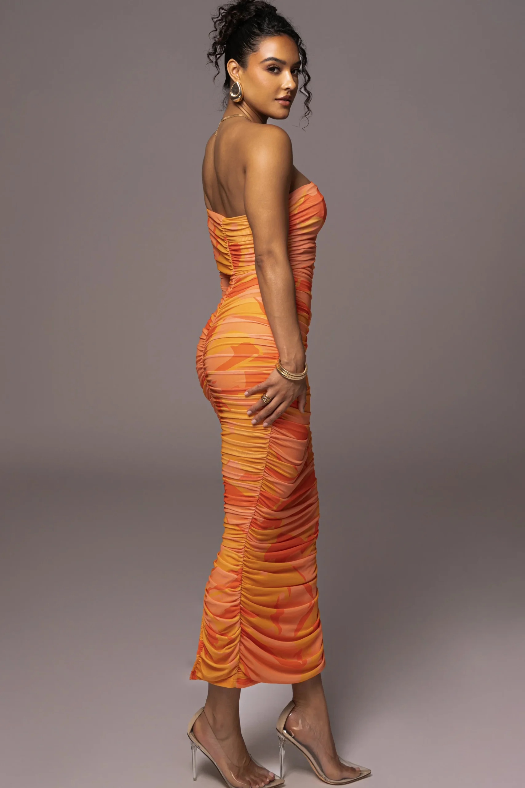 Orange Capri Ruched Dress