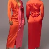 Pink Color Block Satin Midi Dress