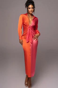 Pink Color Block Satin Midi Dress