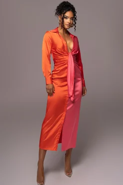 Pink Color Block Satin Midi Dress