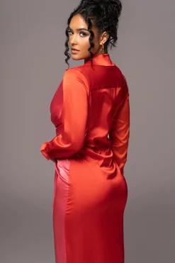 Pink Color Block Satin Midi Dress