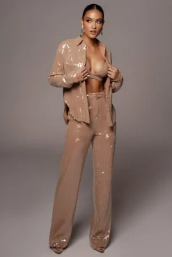 Tan Baguette Sequin Button Up