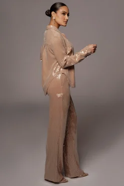 Tan Baguette Sequin Button Up