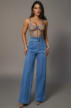 Tan Denim Illusion Mesh Bustier