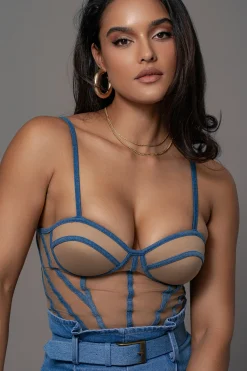 Tan Denim Illusion Mesh Bustier