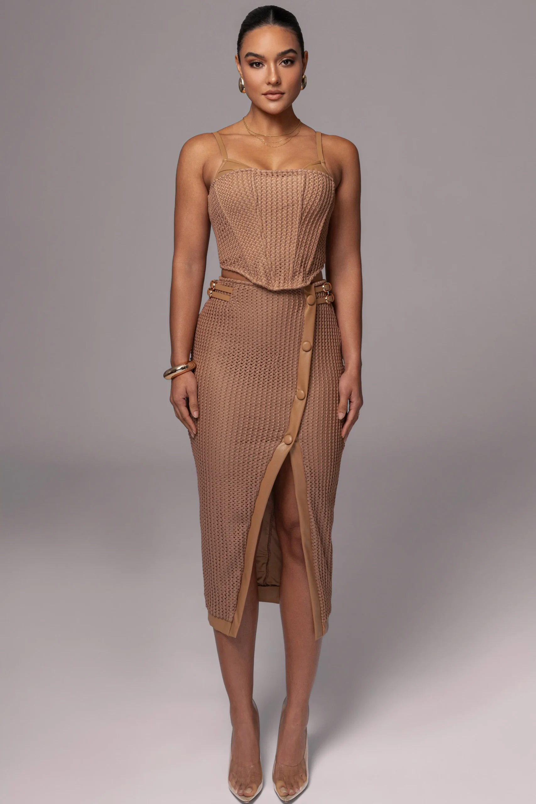 Tan Textured Mystique Midi Skirt