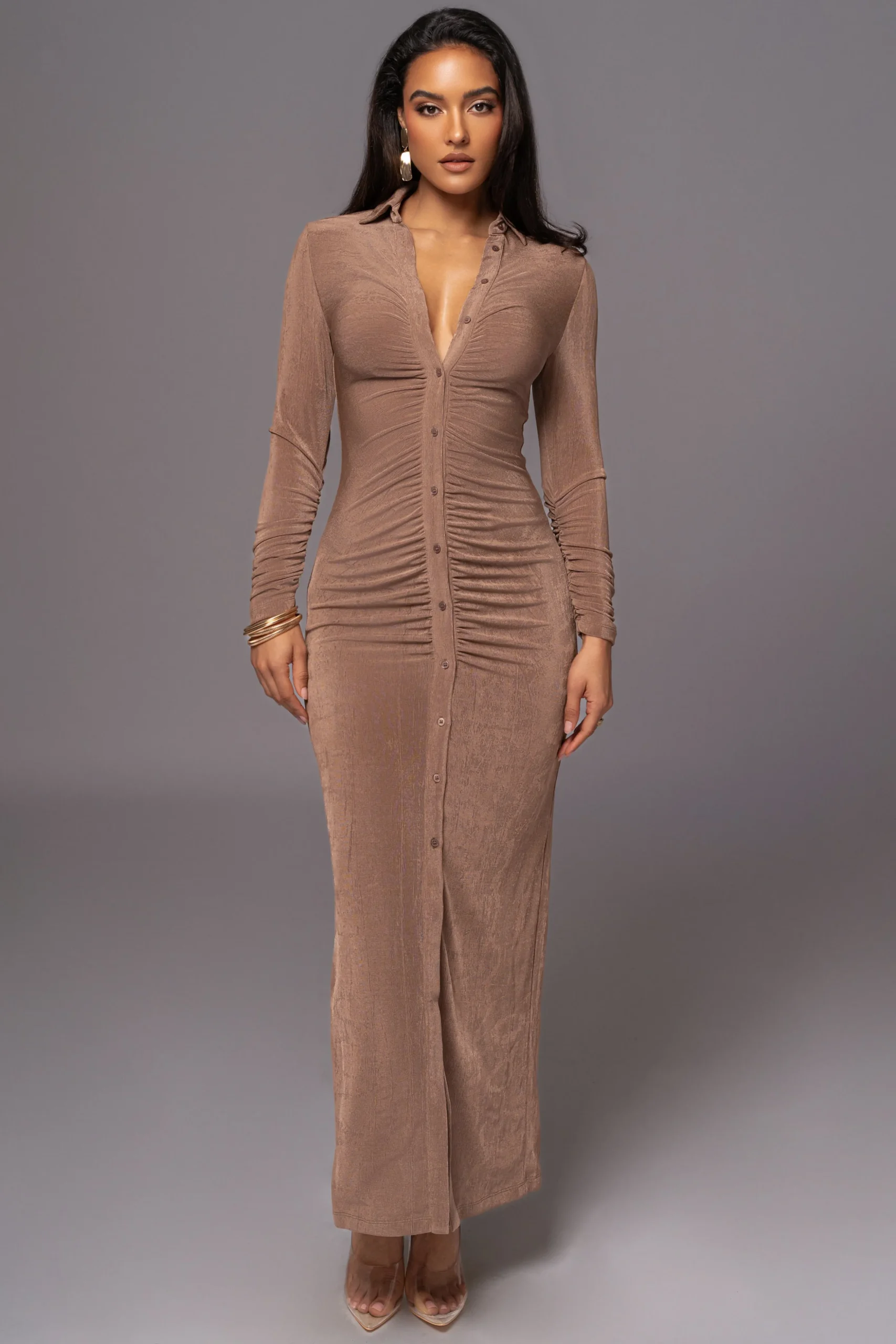Taupe Zahra Button Front Maxi Dress