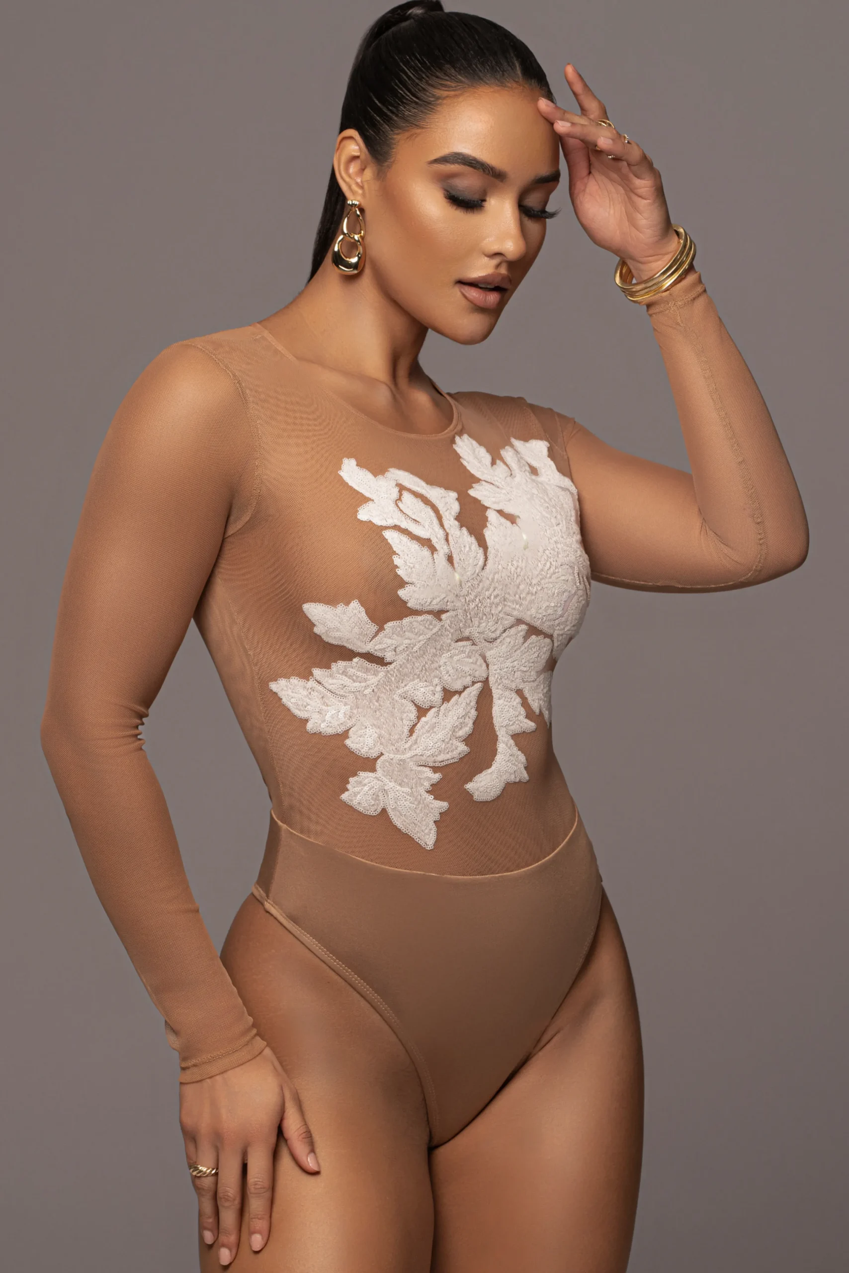 White Charmed Embroidered Mesh Bodysuit