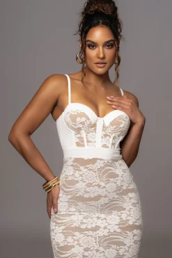 White Mesh and Lace Bustier Midi Dress