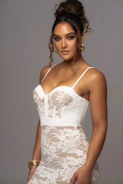 White Mesh and Lace Bustier Midi Dress