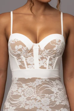 White Mesh and Lace Bustier Midi Dress